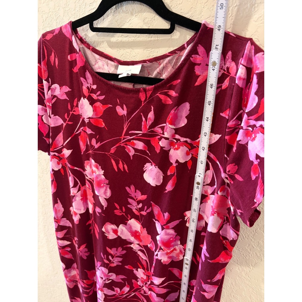 J. Jill Burgundy Pink Floral Short Sleeve Midi Dress Pockets Size L Shift Knit - Picture 5 of 7